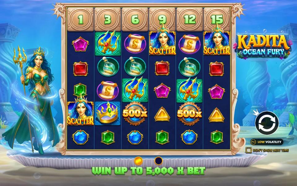 Kadita Ocean Fury intro screen with the sea queen beside the reels and the stone counter tiles 1, 3, 6, 9, 12 and 15 above them
