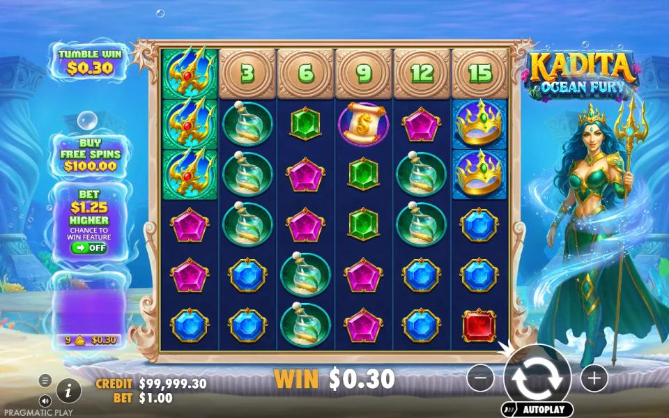 Kadita Ocean Fury base game win of nine yellow gems opening the locked position above reel 1