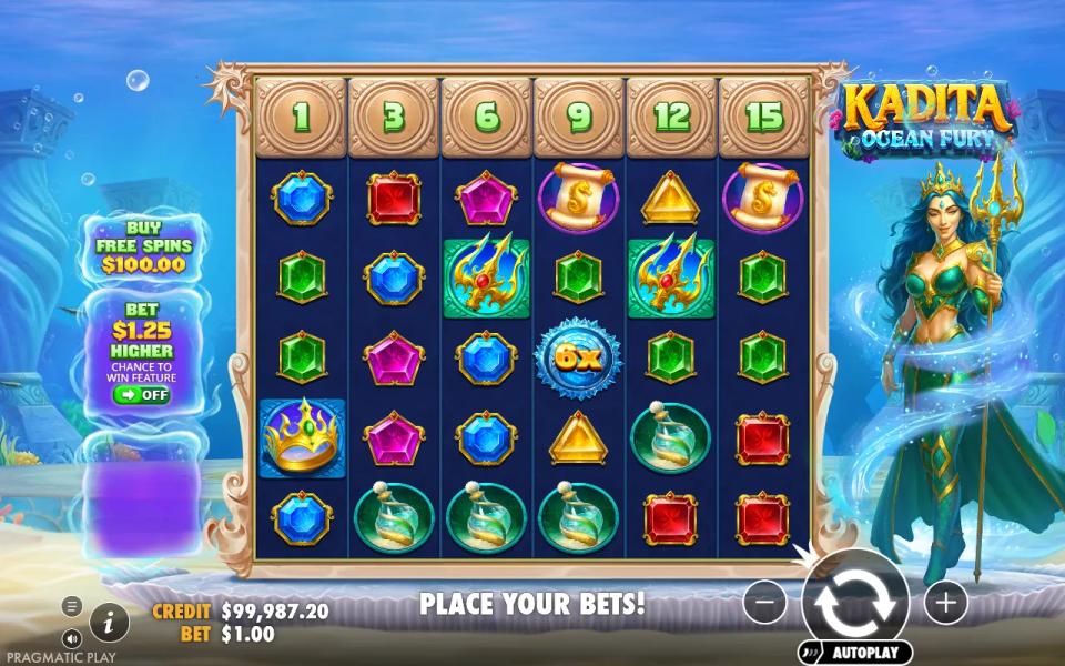 Kadita Ocean Fury base game spin with a 6x multiplier on reel 4 and no winning group on the board