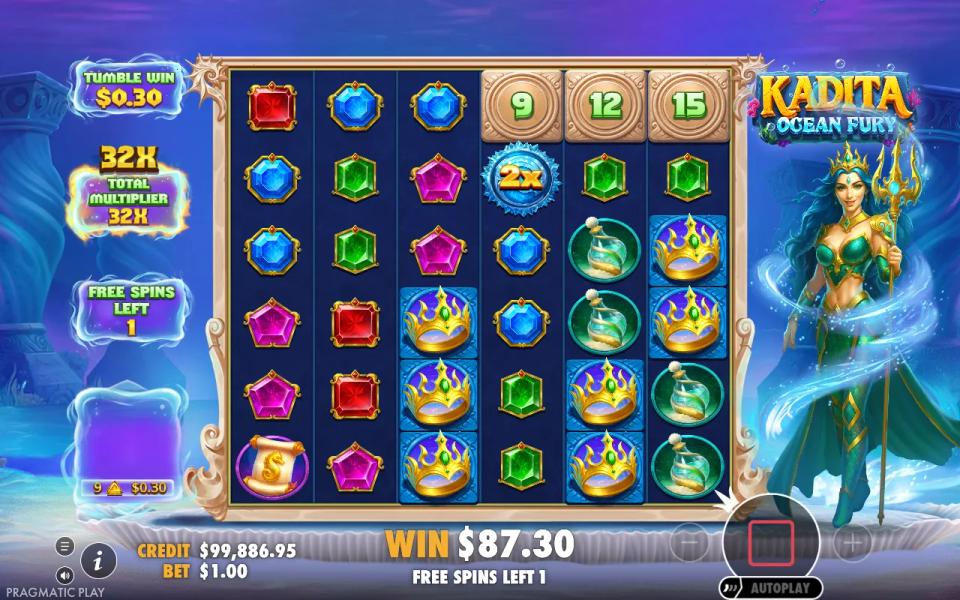Kadita Ocean Fury free spin 9 with the total multiplier at 32x and the top positions of reels 1, 2 and 3 open
