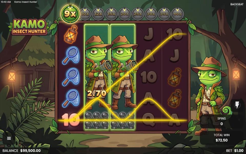 Kamo Frenzy free spin with two sticky Kamo Wild Reels on reels 2 and 3, line wins drawn across the board and the multiplier at 9x