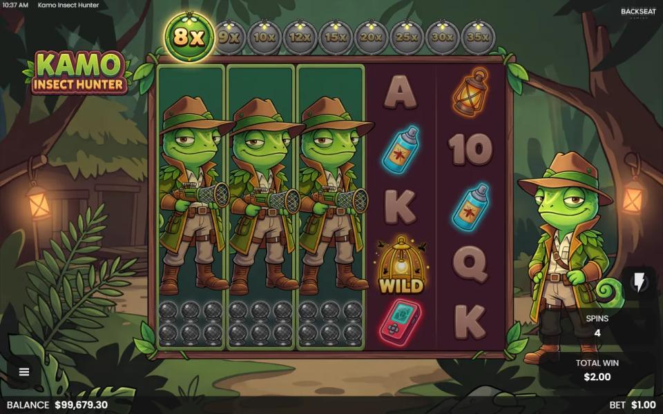 The same Bug Hunt spin after the nets fired, the multiplier moved up to 8x and the ladder showing 9x to 35x ahead