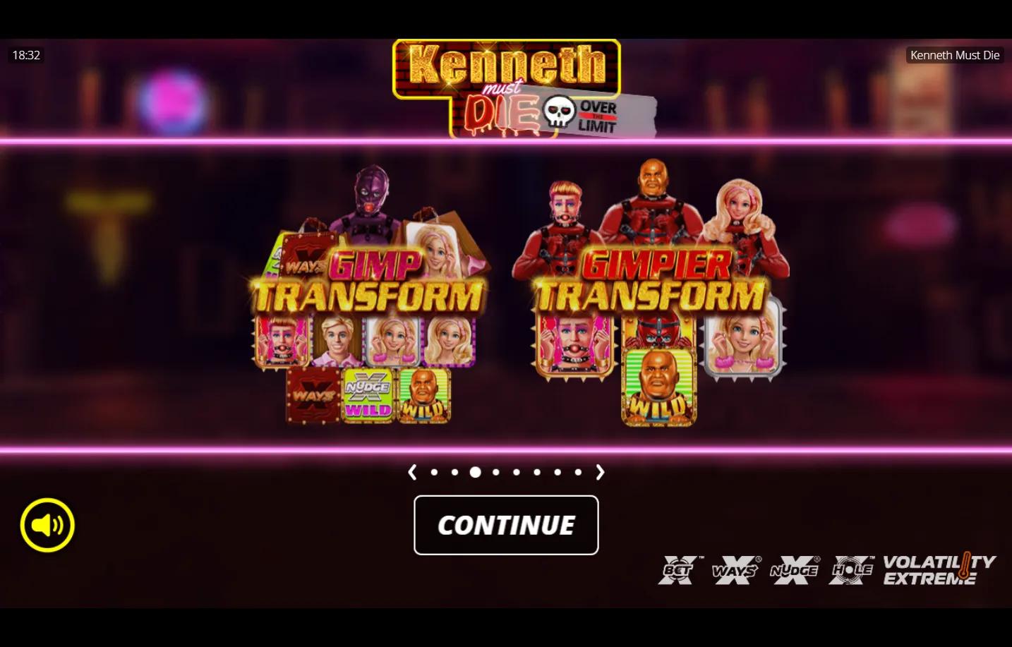 Kenneth Must Die slot gameplay showing 2-4-4-4-2 grid with Big Balls multiplier special row in dungeon scene
