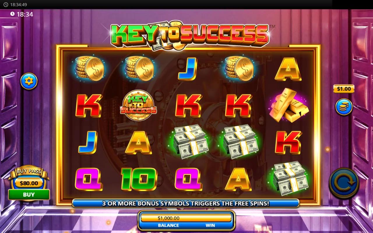 Key to Success slot showing 5x4 grid with gold bar, cash and coin premium symbols in a brushed vault frame