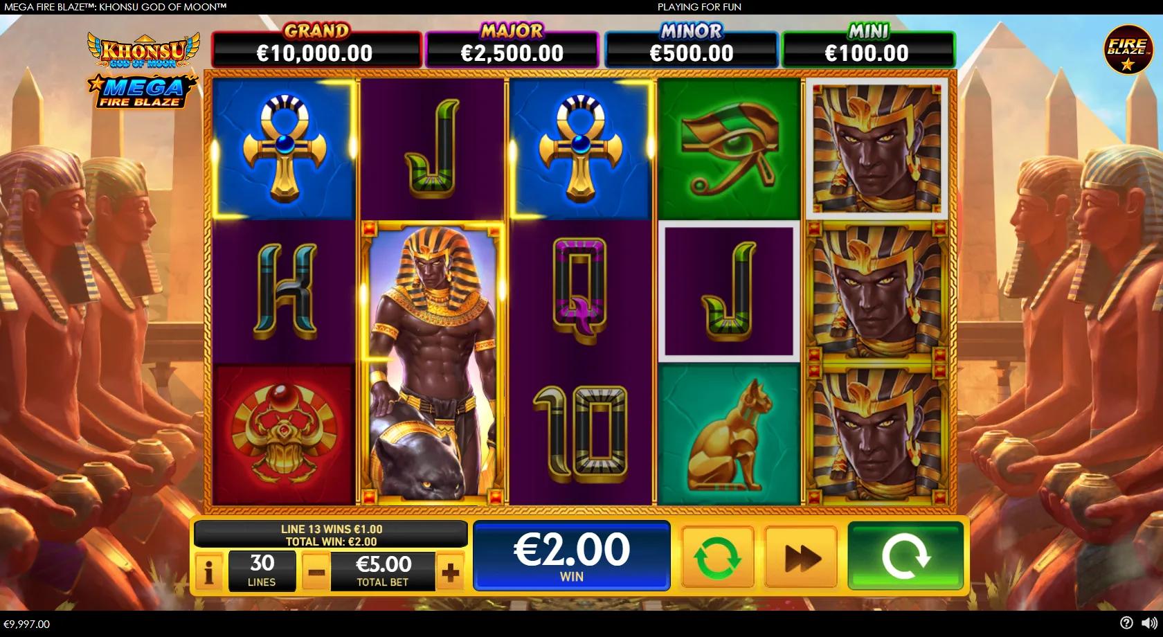 Khonsu God of Moon 5x3 Egyptian grid with Khonsu, a scarab and Eye of Horus symbols, glowing moon cash coins and four jackpot meters