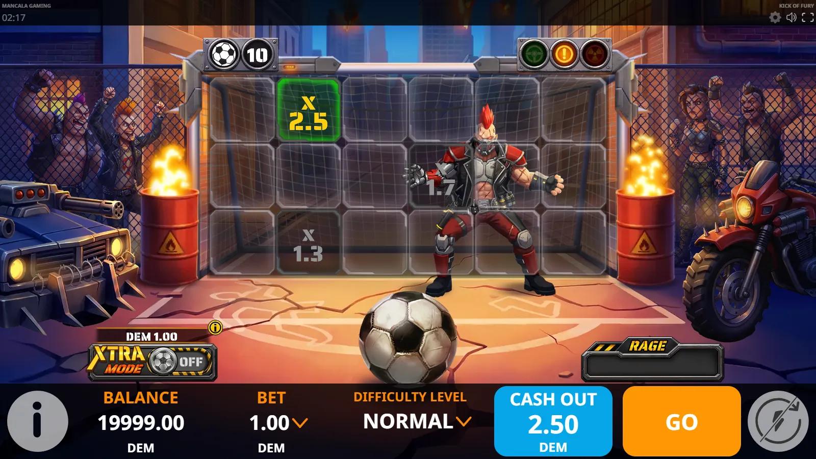 Kick of Fury gameplay showing the penalty grid with revealed x1.3 and x2.5 multiplier cells and the punk goalkeeper