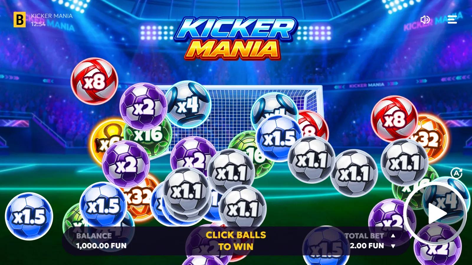 Kicker Mania instant game showing multiplier footballs from x1.1 to x64 in front of a neon stadium goal