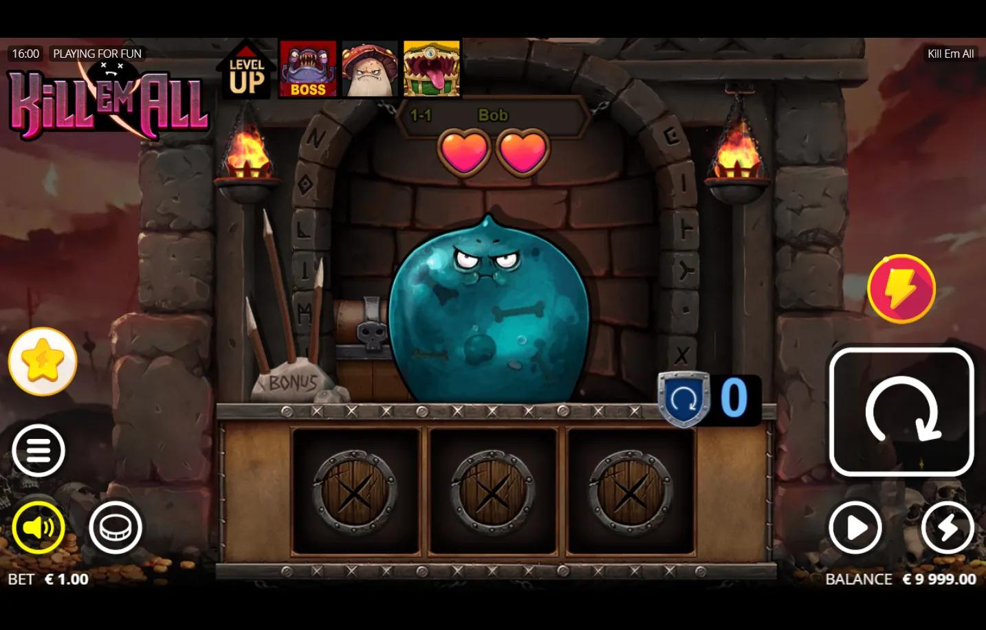 Kill Em All slot gameplay showing 3-reel 1-row strip in dungeon archway with monster queue and demon boss backdrop