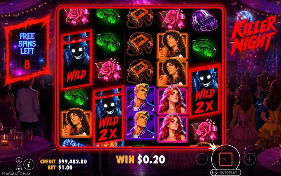 Killer Night free spins with the Wilds from the first spin still held on reels 1, 2 and 5 while the second spin turns