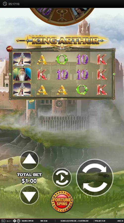 King Arthur slot showing 5x3 reels with King Arthur, the Excalibur wild and Camelot castle symbols