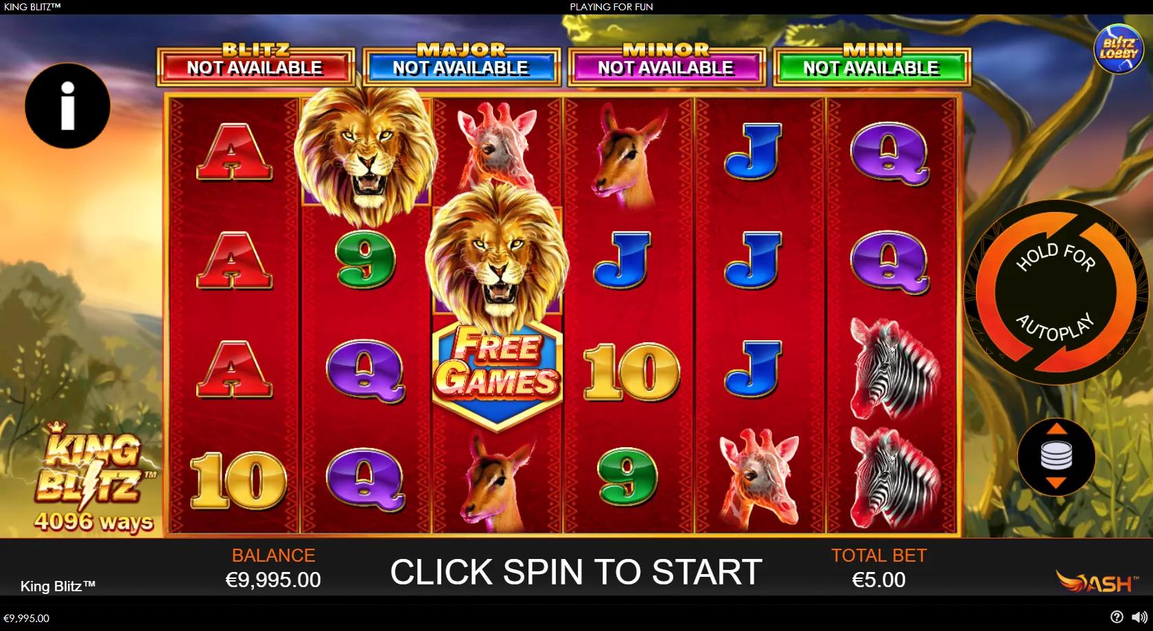 King Blitz gameplay showing 6x4 savanna reels with lion, zebra, giraffe and royal symbols and four progressive jackpots