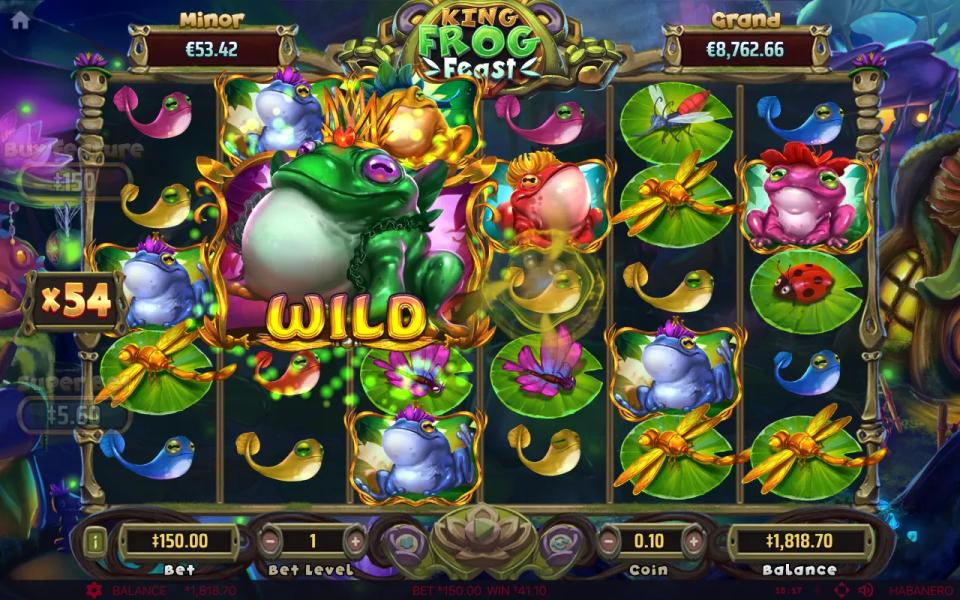King Frog Feast free spins with the crowned frog wild grown to 2x2 on the 6x5 grid and the multiplier meter at x54