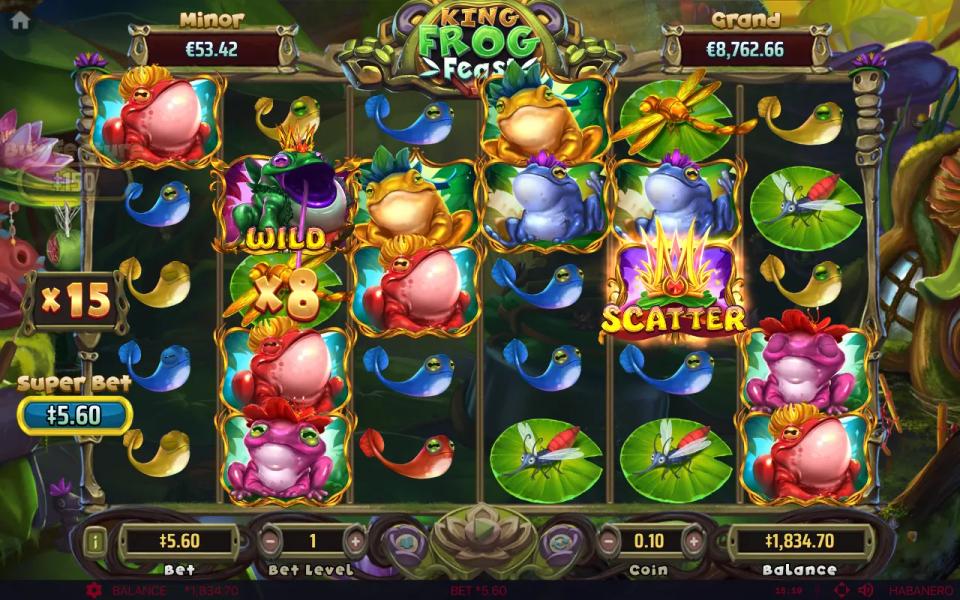 King Frog Feast base game wild eating a gold dragonfly worth x8 while the multiplier meter climbs