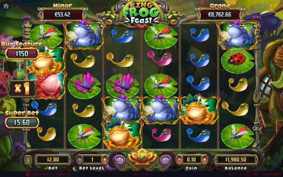 King Frog Feast board with eight bug symbols and no wild frog to eat them