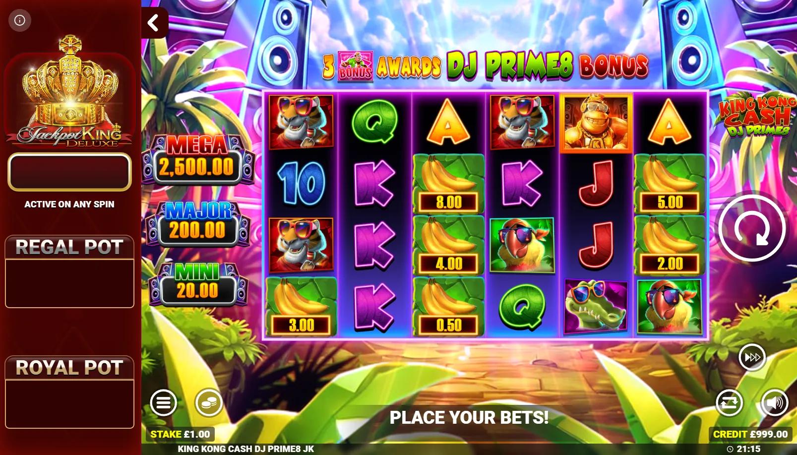 King Kong Cash DJ Prime8 slot showing 6x4 jungle disco grid with DJ ape and Jackpot King pots