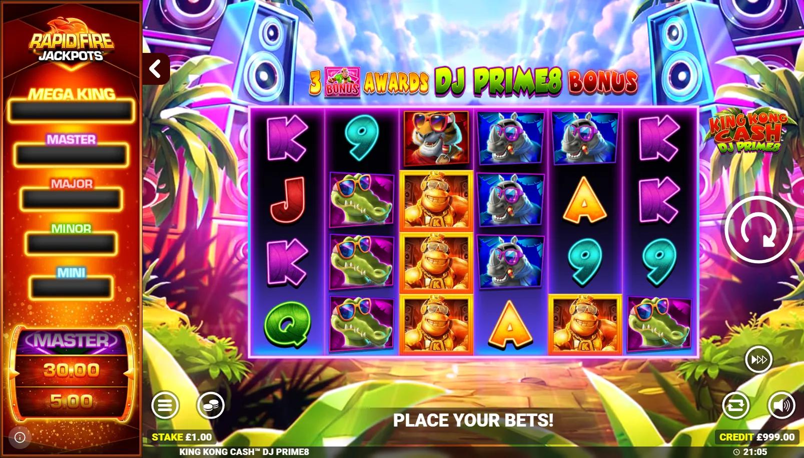 KKC DJ Prime8 Rapid Fire Jackpots slot showing 6x4 jungle grid with DJ ape and 5-tier RFJ panel