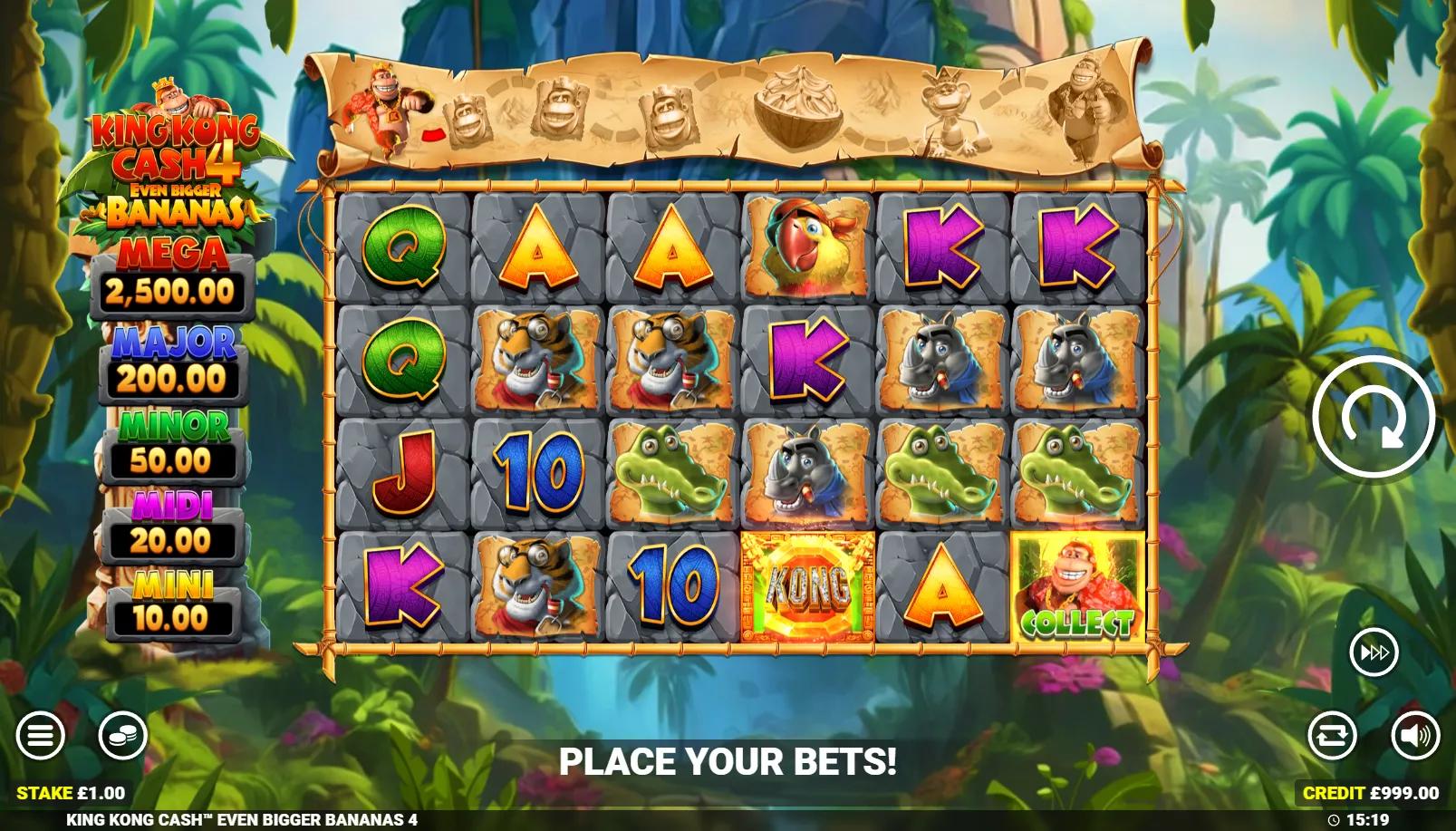 King Kong Cash Even Bigger Bananas 4 slot showing 6x4 ways grid with jungle symbols, Cash Collect and feature trail