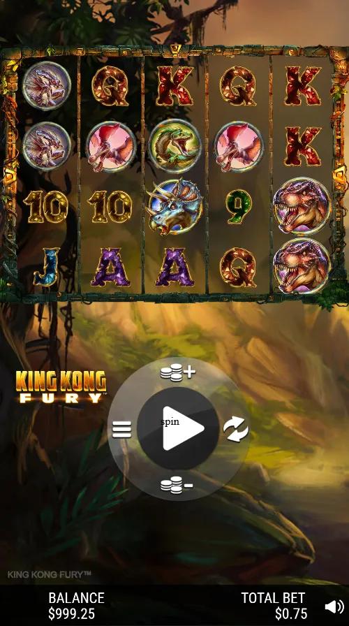 King Kong Fury slot showing 5x4 reels with giant ape Kong, 1024 ways and a Skull Island jungle backdrop