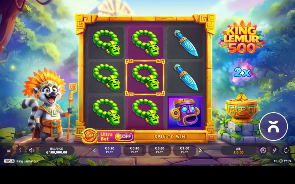 King Lemur 500's 3x3 grid of Mayan symbols in a jungle clearing, the lemur king standing beside the reels and four bet prices on the bar below