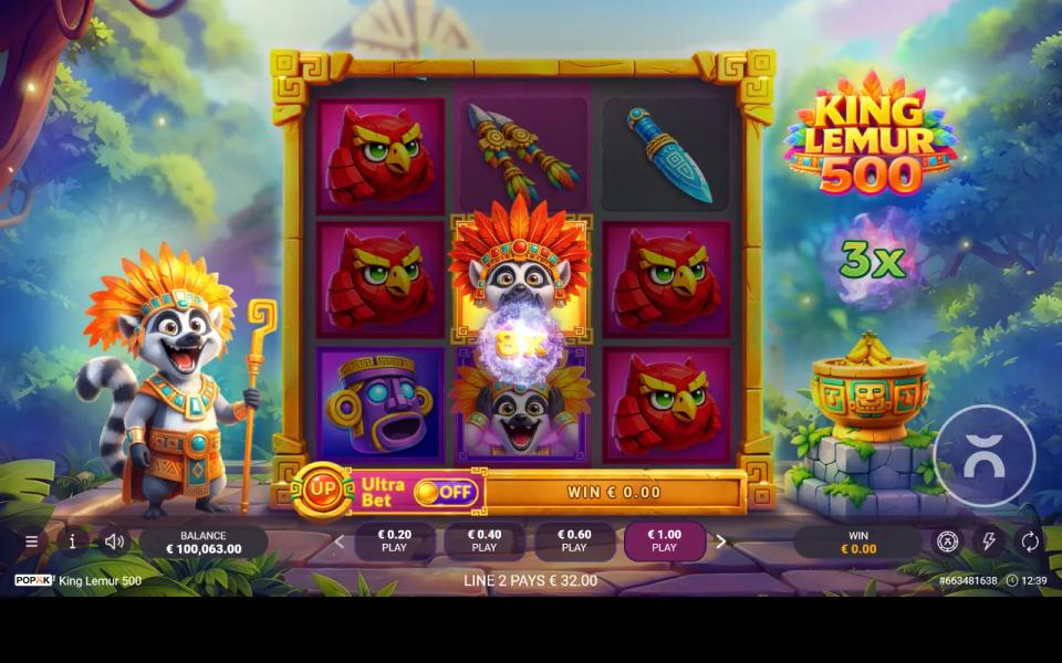 The Super Wild lemur in the centre cell of King Lemur 500 carrying an x8 orb, red owls around it, and the message LINE 2 PAYS 32.00