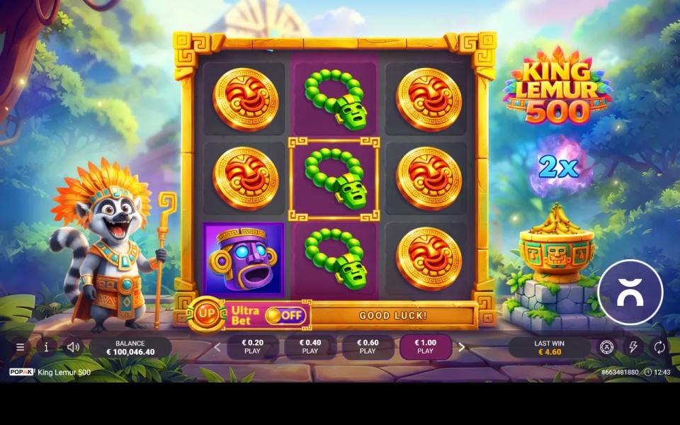 Gold coins filling both outer reels of King Lemur 500 while green necklaces fill the middle column, and the board pays nothing