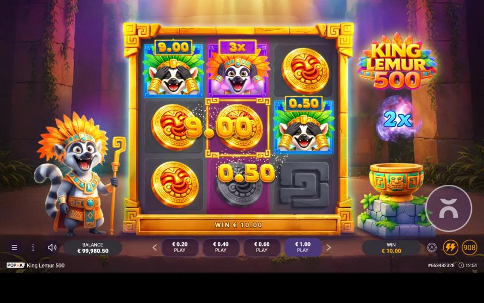 The bonus round of King Lemur 500 with cash wilds reading 9.00 and 0.50, a x3 multiplier wild above them, gold coins locked in place and one cell still empty