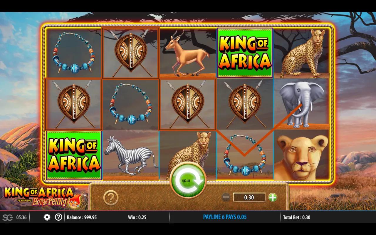King of Africa 5x3 reels with painted lion, leopard and zebra symbols on a dusk Serengeti backdrop.