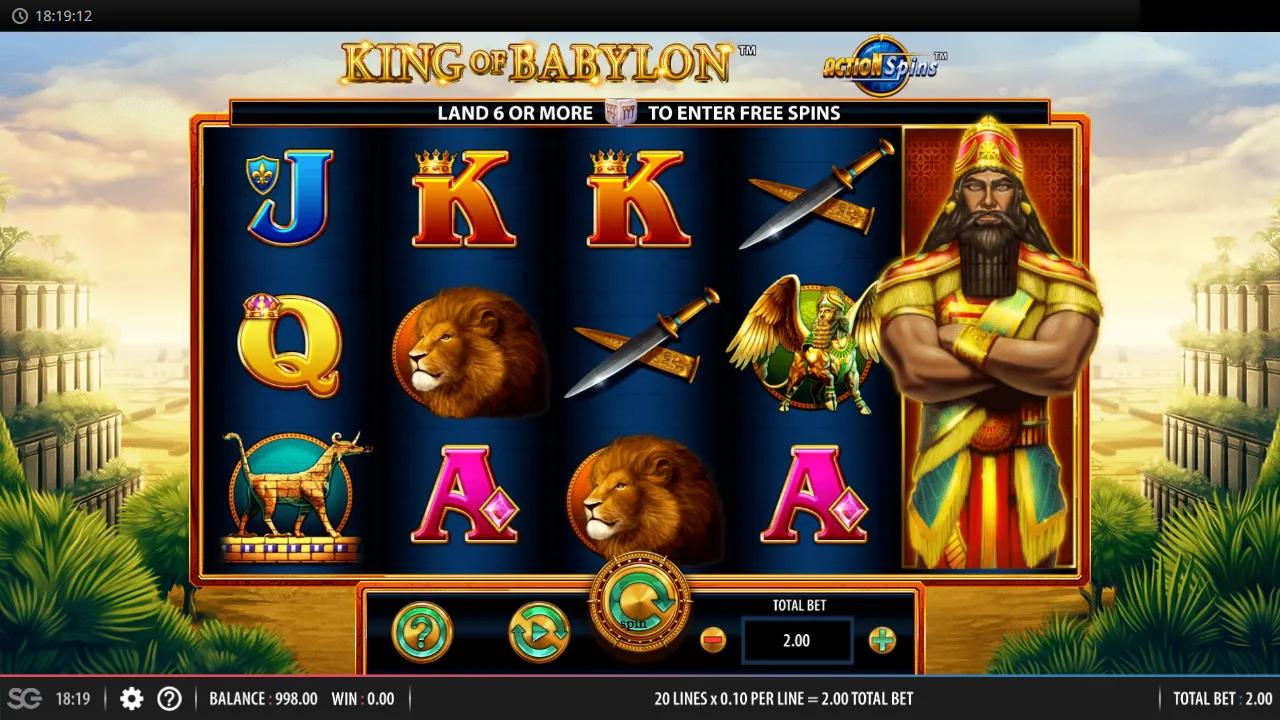 King of Babylon Action Spins slot gameplay showing 5x3 grid with expanded golden King symbol and Dice scatters