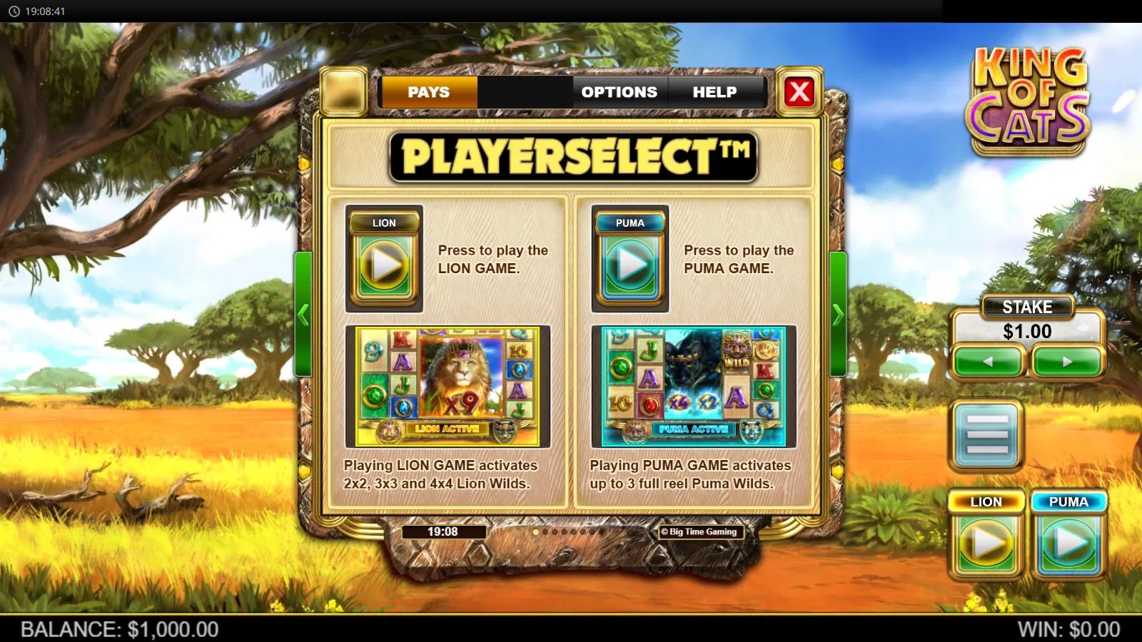 King of Cats slot PLAYERSELECT screen showing the choice between the Lion game and the Puma game