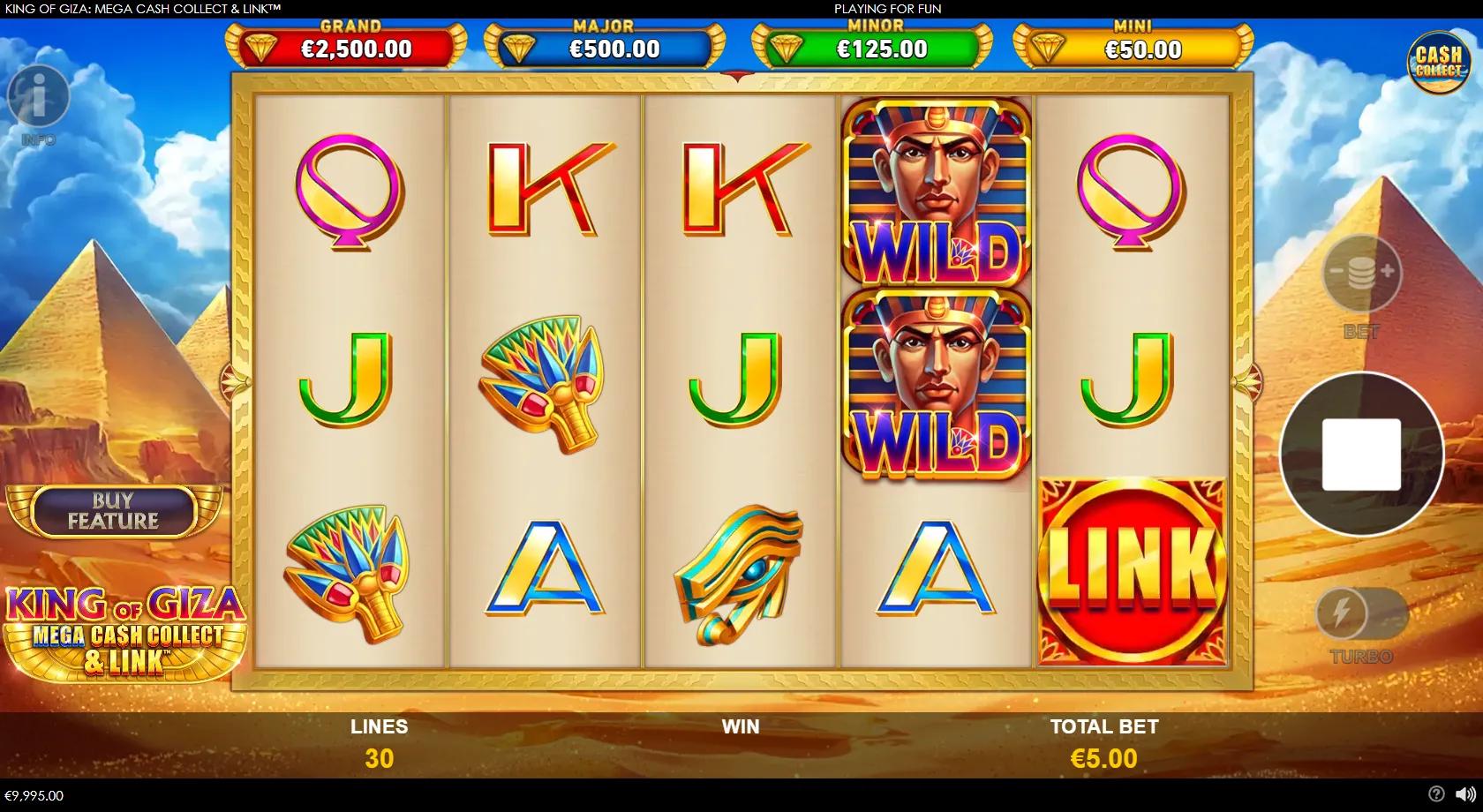 King of Giza Mega Cash Collect & Link slot: 5x3 Egyptian grid, pharaoh Wild, cash coins, LINK coins and four jackpots