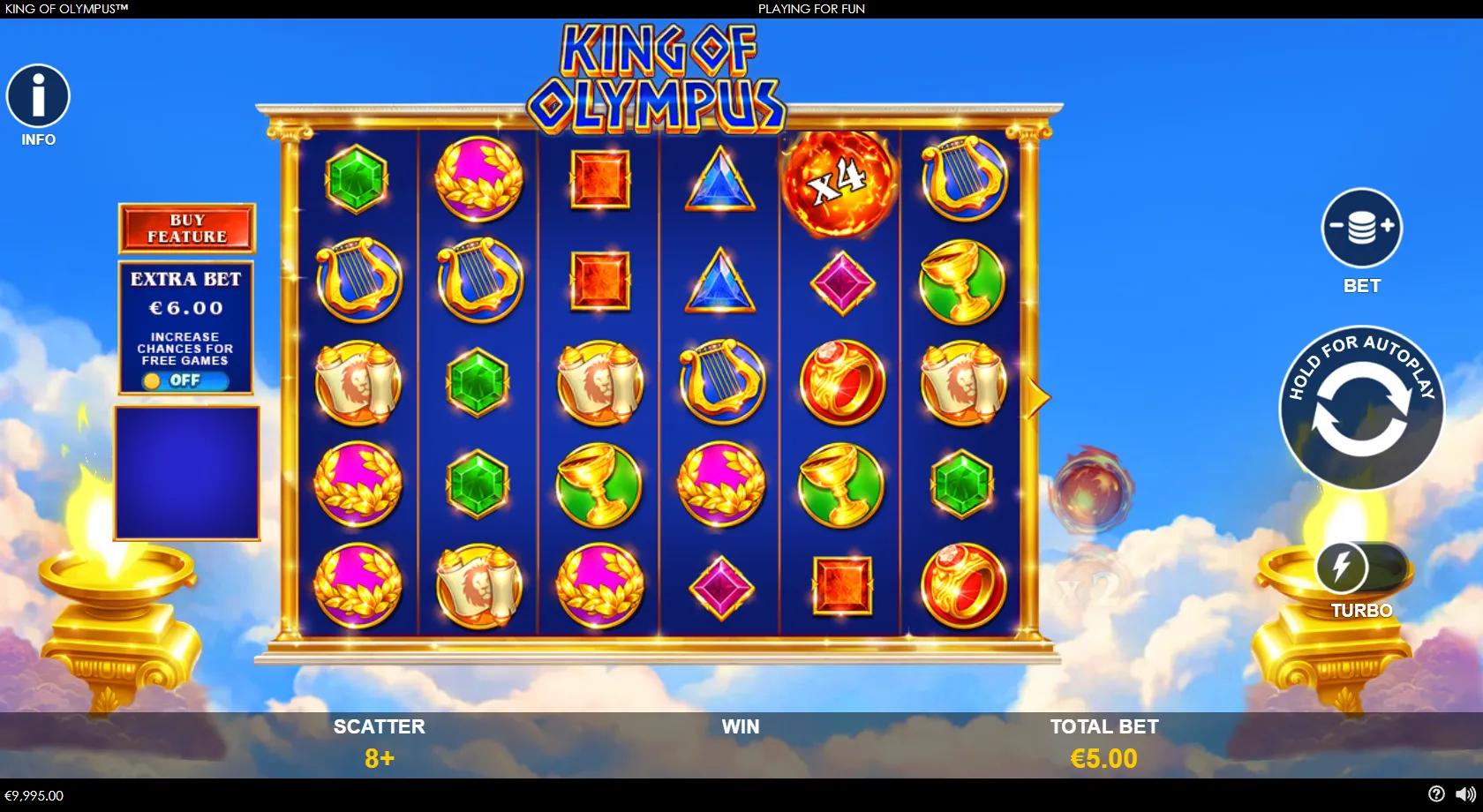 King of Olympus slot gameplay showing 6x5 scatter-pay grid with golden Greek treasures, gem symbols and multiplier fireballs