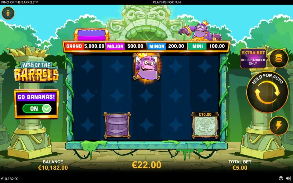 King of the Barrels base game with the gorilla wild on reel 3 and a collected barrel and coin, 22.00 euro total win