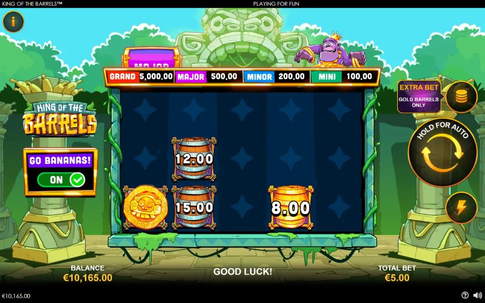 King of the Barrels in Go Bananas mode, the reels showing only barrels, a coin and blank spaces