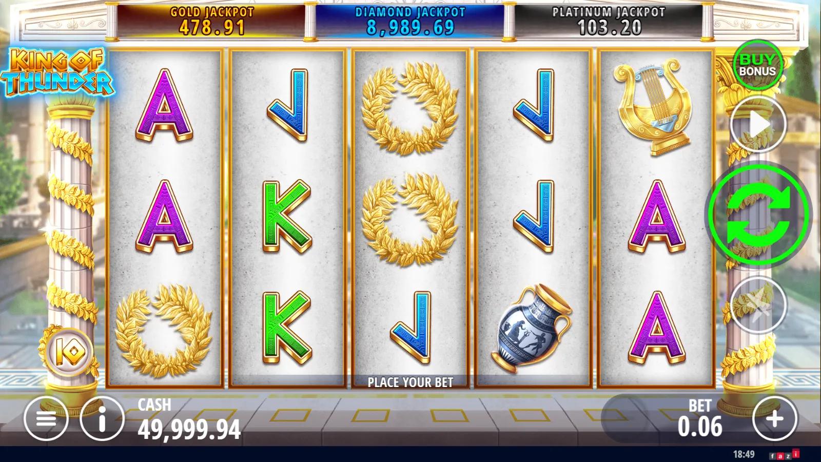 King of Thunder slot gameplay showing 5x3 Greek-myth grid with Zeus wild, free spins coin, pegasus, lyre and 10 paylines