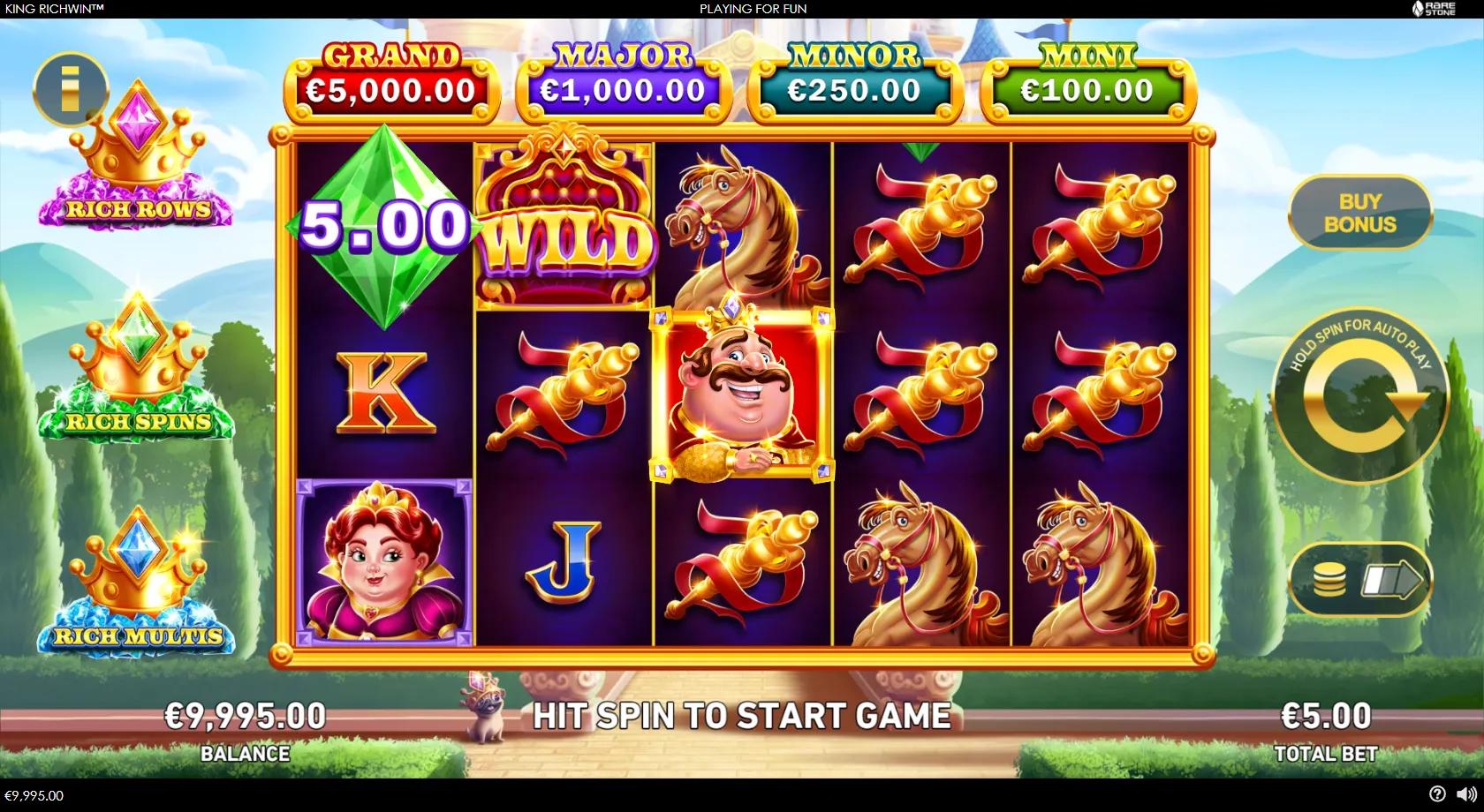King Richwin slot gameplay showing 5x3 royal grid with King, Queen, horse and coloured gem symbols