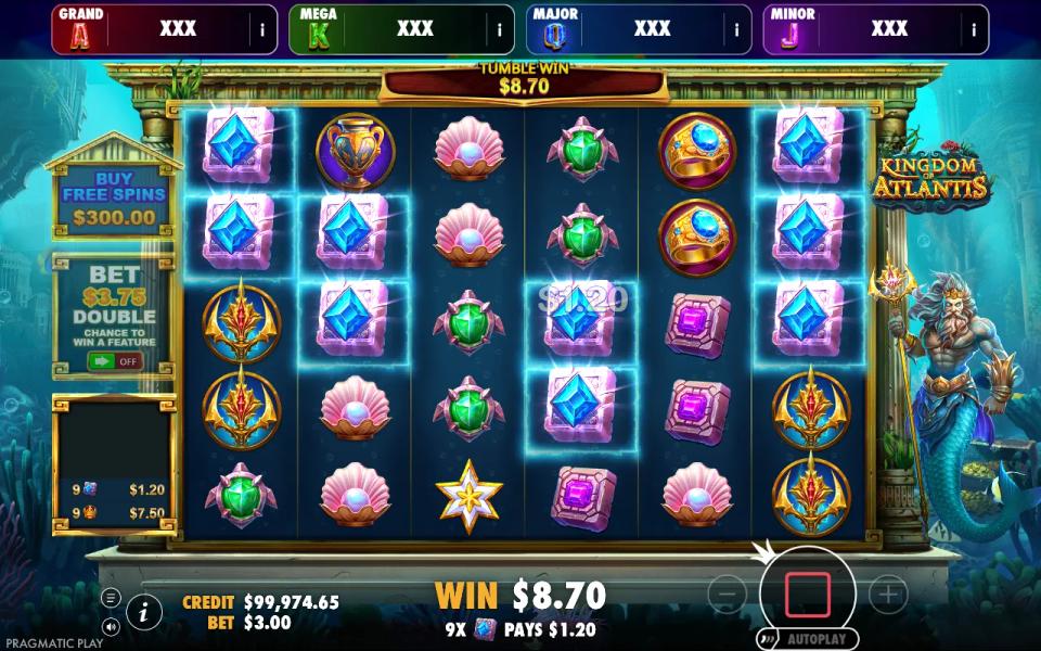 Kingdom of Atlantis base game with nine blue gem symbols lit across the six-by-five grid in no particular pattern, the game printing 9X pays $1.20 beneath the reels and a tumble win of $8.70 above them