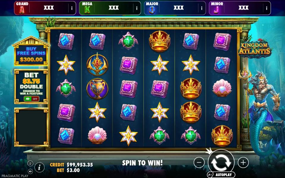 Kingdom of Atlantis six-by-five base game grid settled with mixed gems, crowns and shells and no eight-of-a-kind anywhere, paying nothing