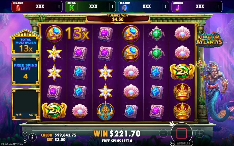 Kingdom of Atlantis free spins with the total multiplier meter reading 13x, four spins remaining, and two 2x seahorse gems sitting on the six-by-five grid