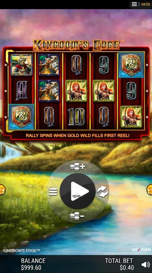 Kingdoms Edge slot showing 5x3 reels with king, dwarf and archer symbols and a gold wild Rally Spin reel
