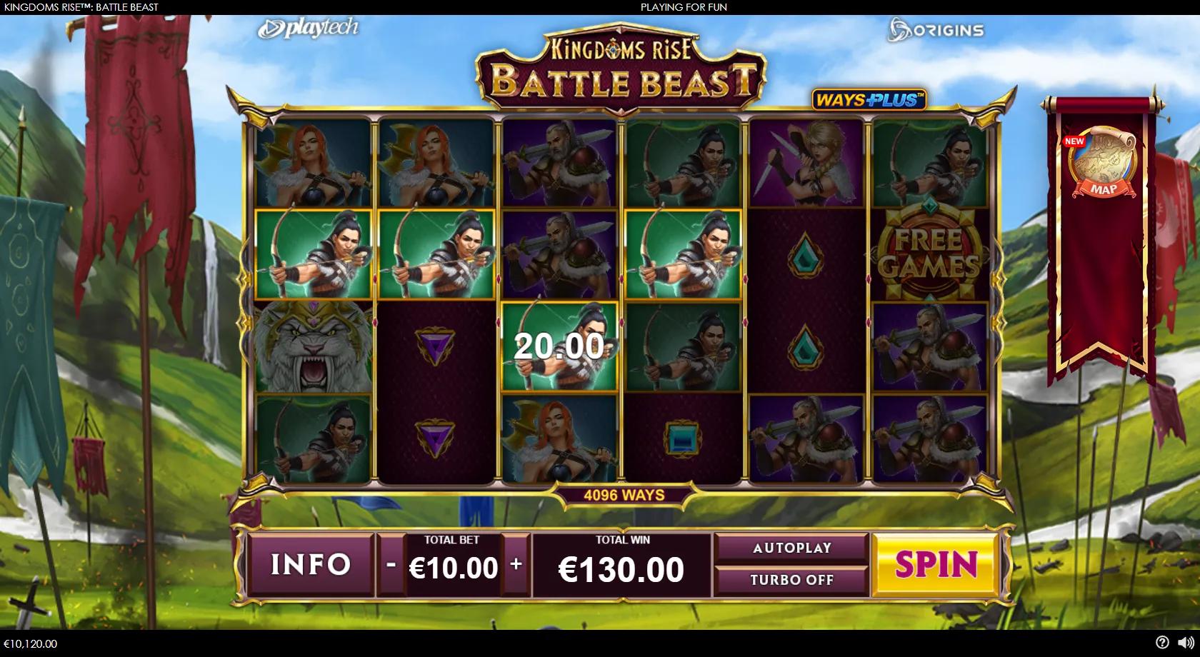 Kingdoms Rise Battle Beast gameplay showing a 6x4 battlefield reel set with a white beast, warriors, archer and W wild