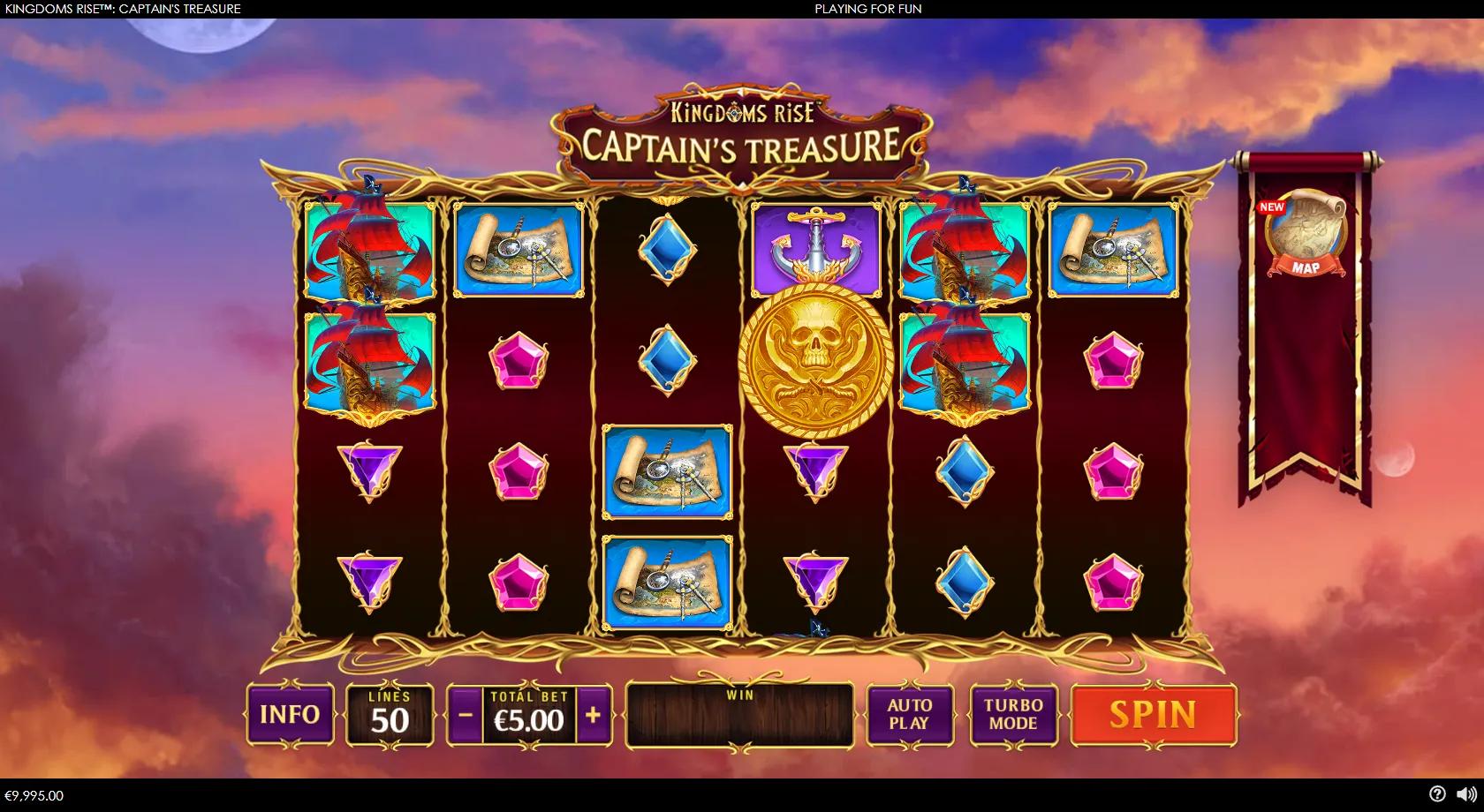 Kingdoms Rise Captain's Treasure gameplay showing a 6x4 pirate reel set with a captain, red-sailed ship, golden wild and shared progressive jackpots
