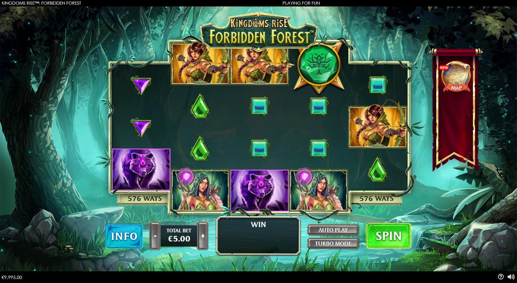 Kingdoms Rise Forbidden Forest gameplay showing a 576-ways stepped forest reel set with a warrior, elf archer, owl symbol and green tree wild