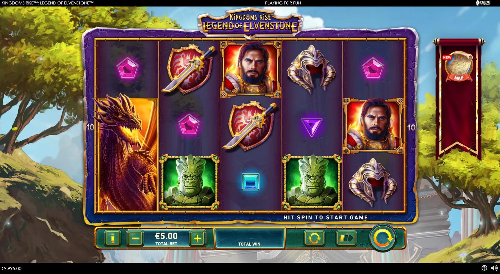 Kingdoms Rise Legend of Elvenstone gameplay showing a 5x3 elven reel set with a warrior, elf queen, golem and dragon