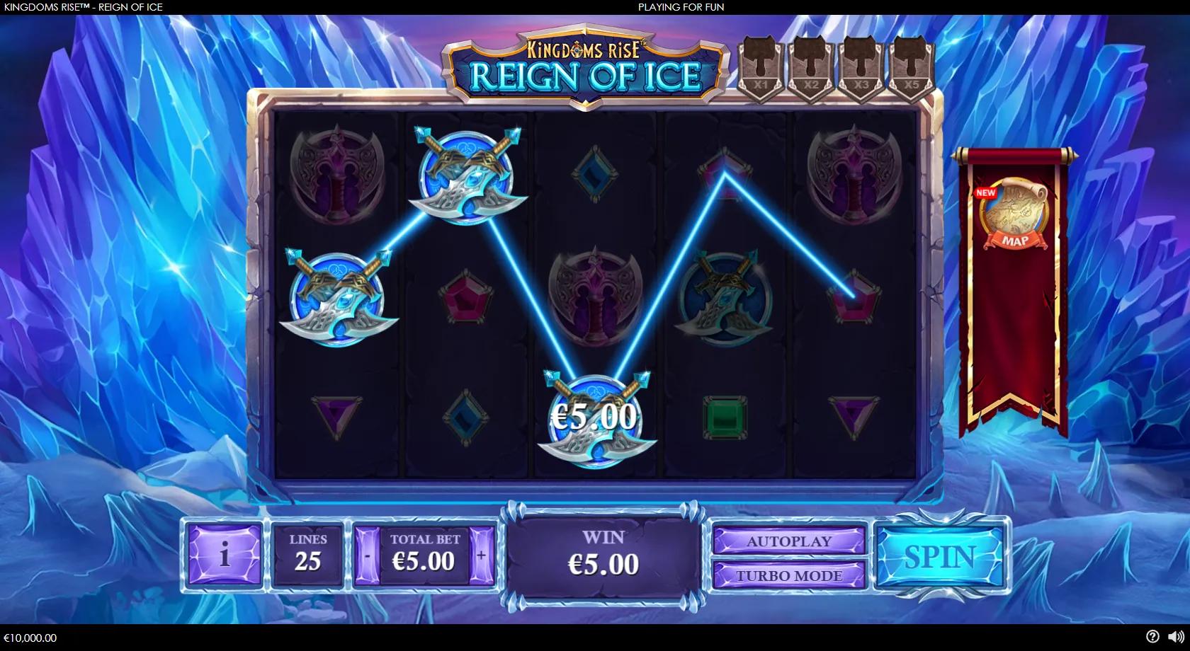 Kingdoms Rise Reign of Ice gameplay showing a 5x3 icy reel set with a barbarian, valkyrie, crossed-swords wild and hammer multipliers