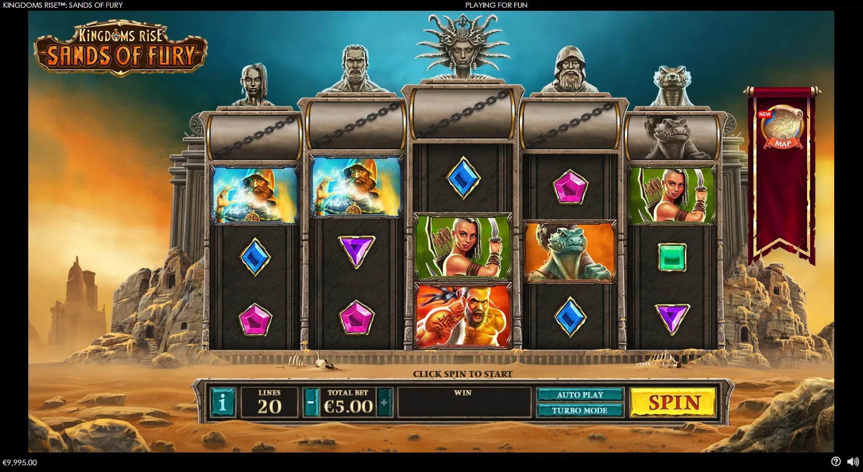 Kingdoms Rise Sands of Fury gameplay showing a 5x3 desert reel set with character-statue wilds, a Medusa queen and shared progressive jackpots