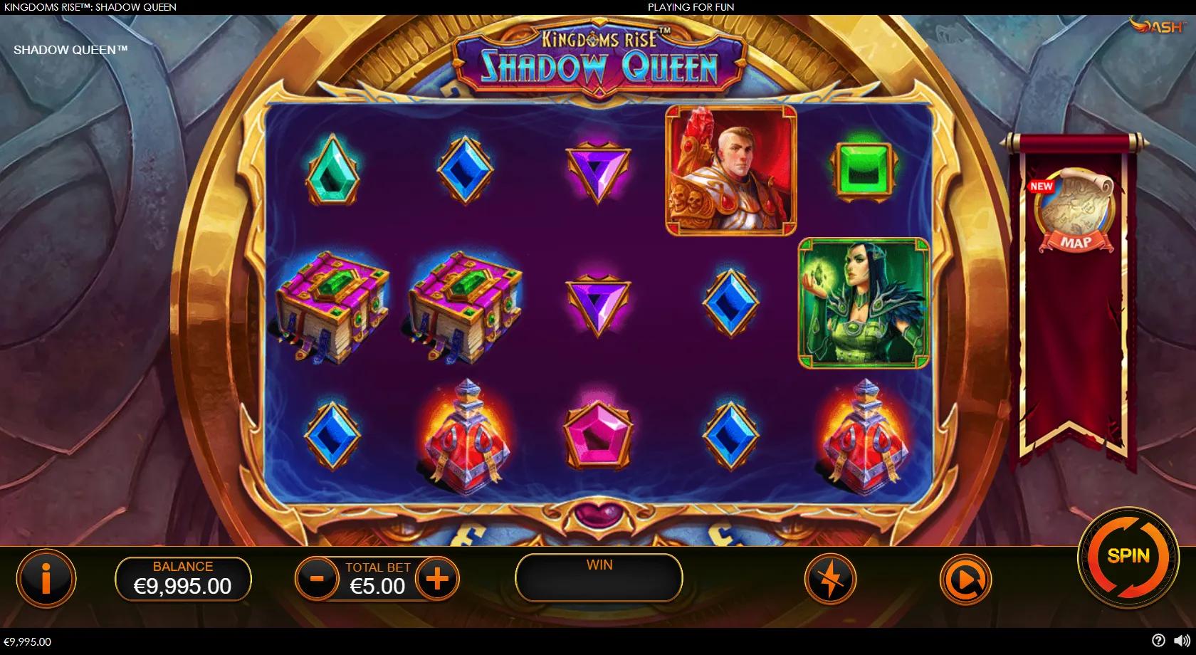 Kingdoms Rise Shadow Queen gameplay showing a 5x4 gothic reel set with a full-reel Shadow Queen wild, a knight, an ice warrior and shared progressive jackpots