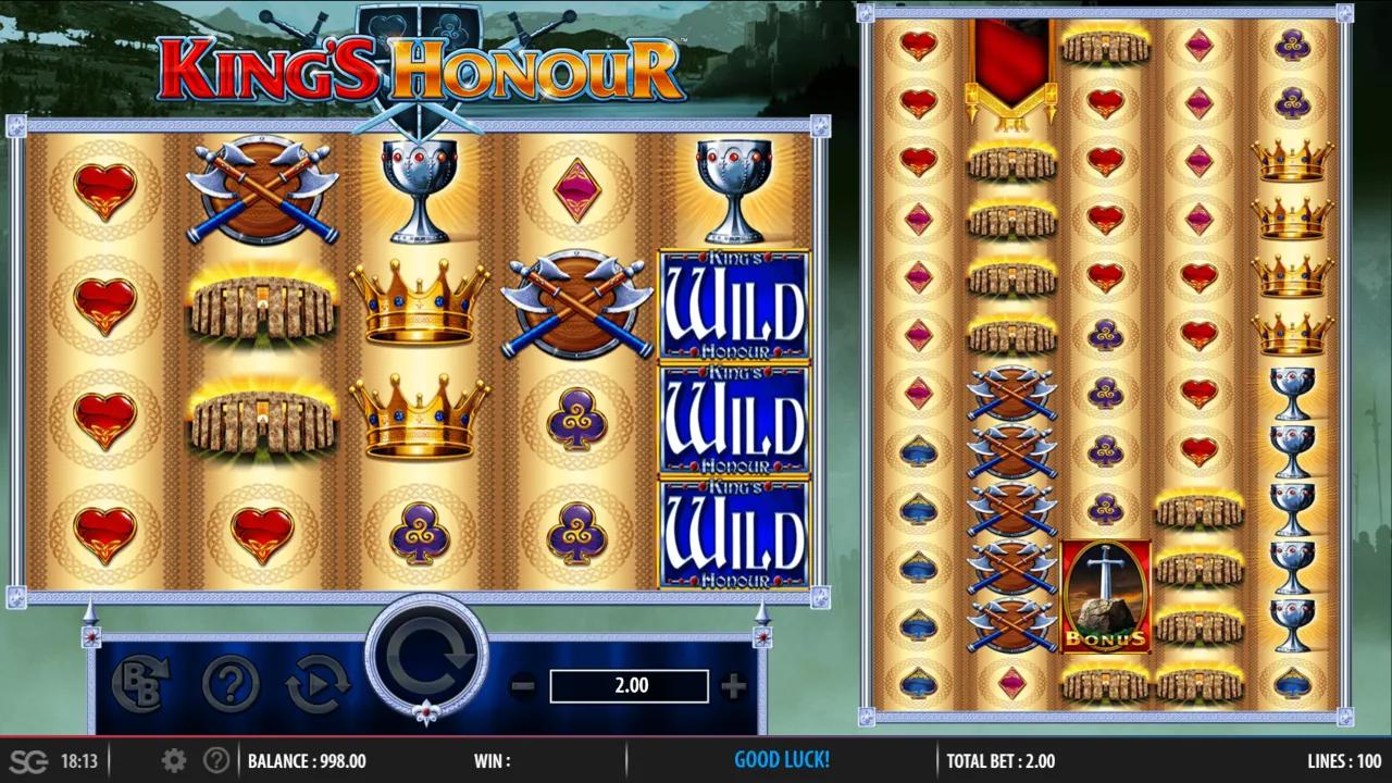 King's Honour 5x4 reels beside the 5x12 Colossal Reels with stacked Wild banners against a misty castle backdrop