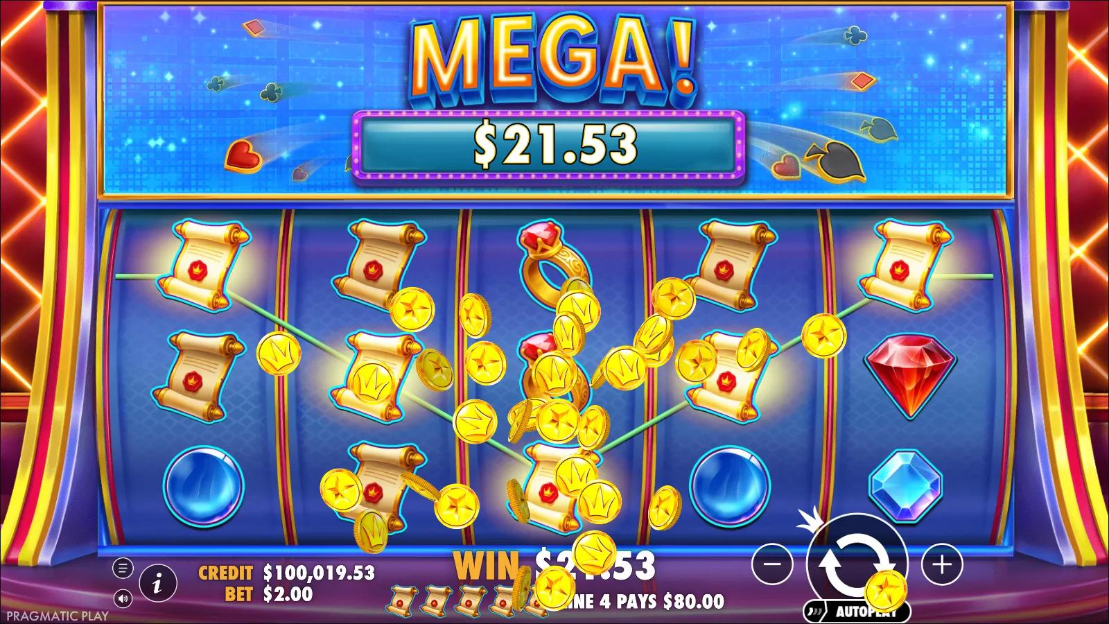King's Jewels slot gameplay showing 5x3 grid with royal gem symbols and a winning payline