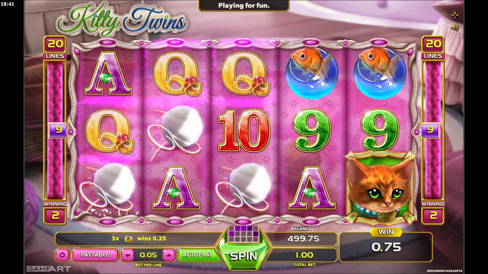 Kitty Twins slot gameplay showing the 5x3 pink grid with kittens, a milk bowl, goldfish and yarn ball symbols