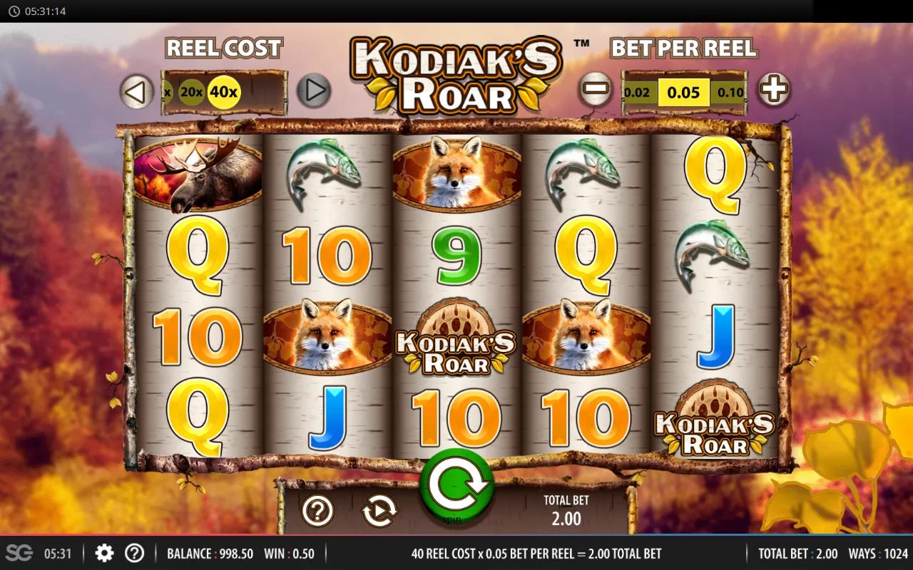 Kodiak's Roar 5x4 slot with bear, salmon, owl, elk symbols in birch-bark border on amber Pacific Northwest backdrop